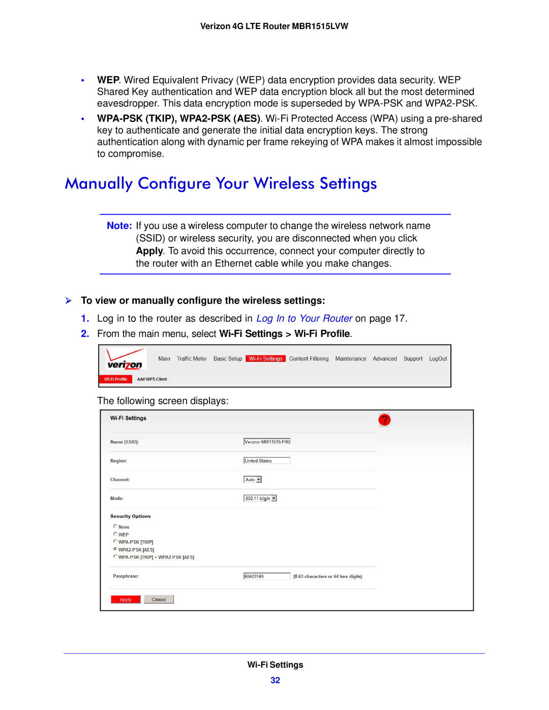 Verizon MBR1515L Manually Configure Your Wireless Settings,  To view or manually configure the wireless settings 