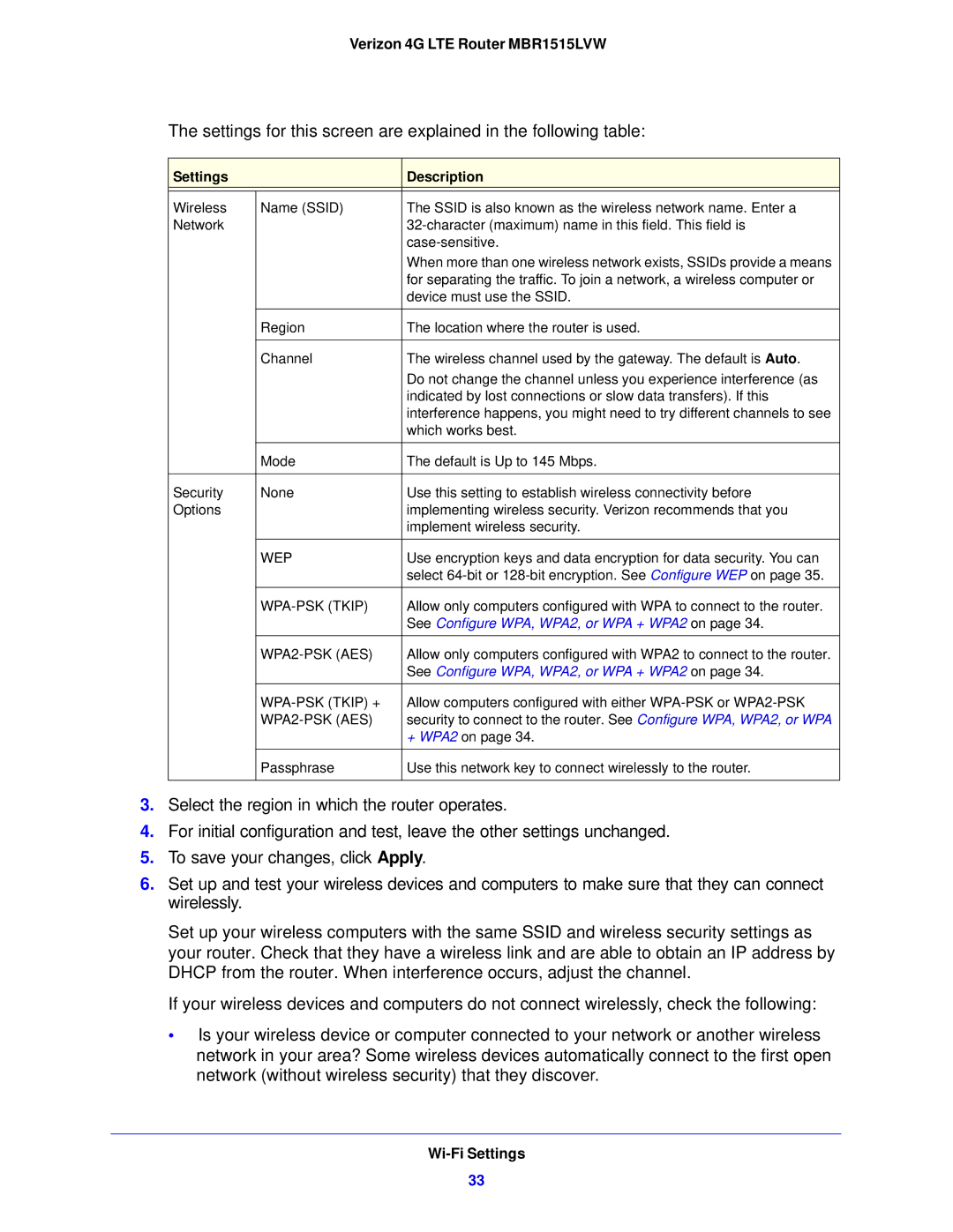 Verizon MBR1515L manual Settings Description 