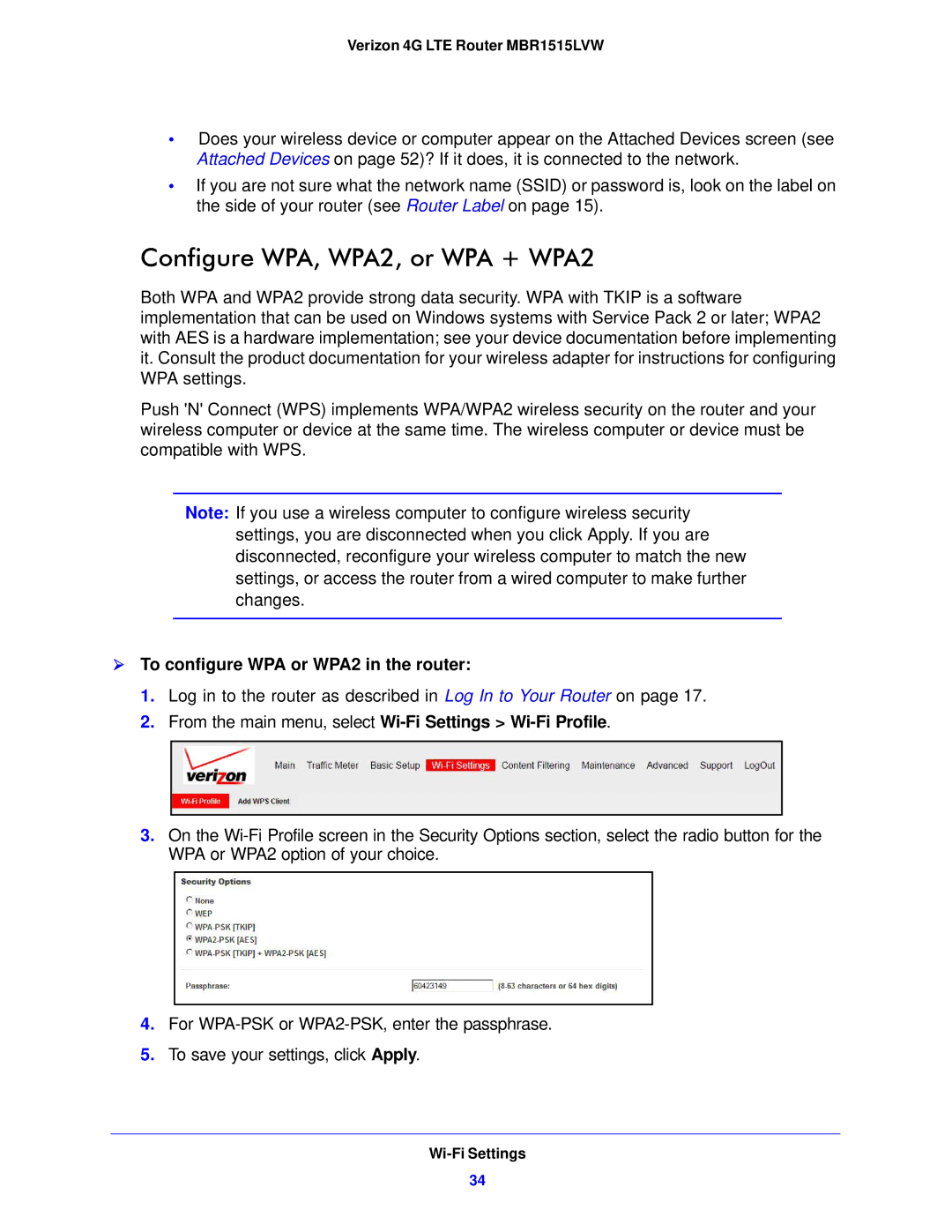 Verizon MBR1515L manual Configure WPA, WPA2, or WPA + WPA2,  To configure WPA or WPA2 in the router 