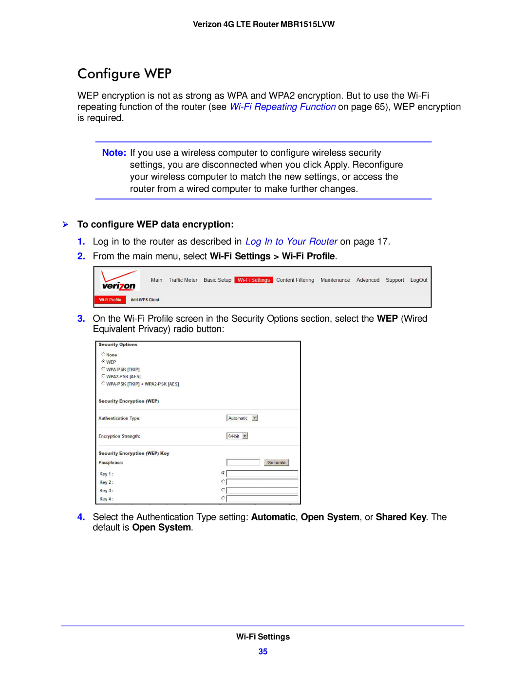 Verizon MBR1515L manual Configure WEP,  To configure WEP data encryption 