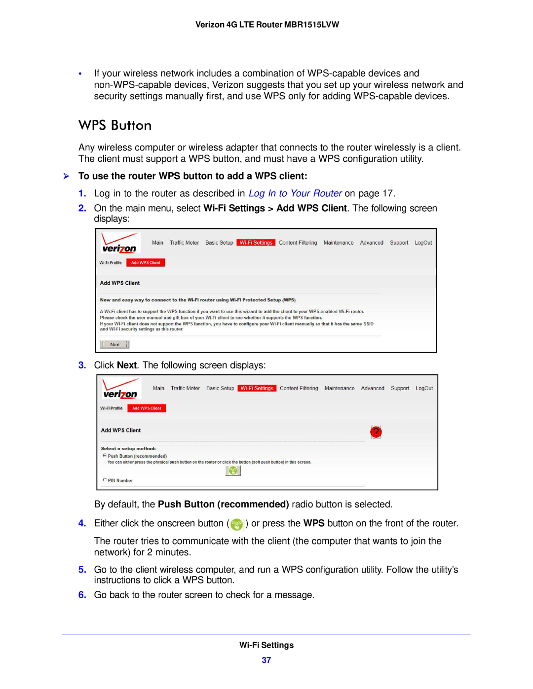 Verizon MBR1515L manual WPS Button,  To use the router WPS button to add a WPS client 