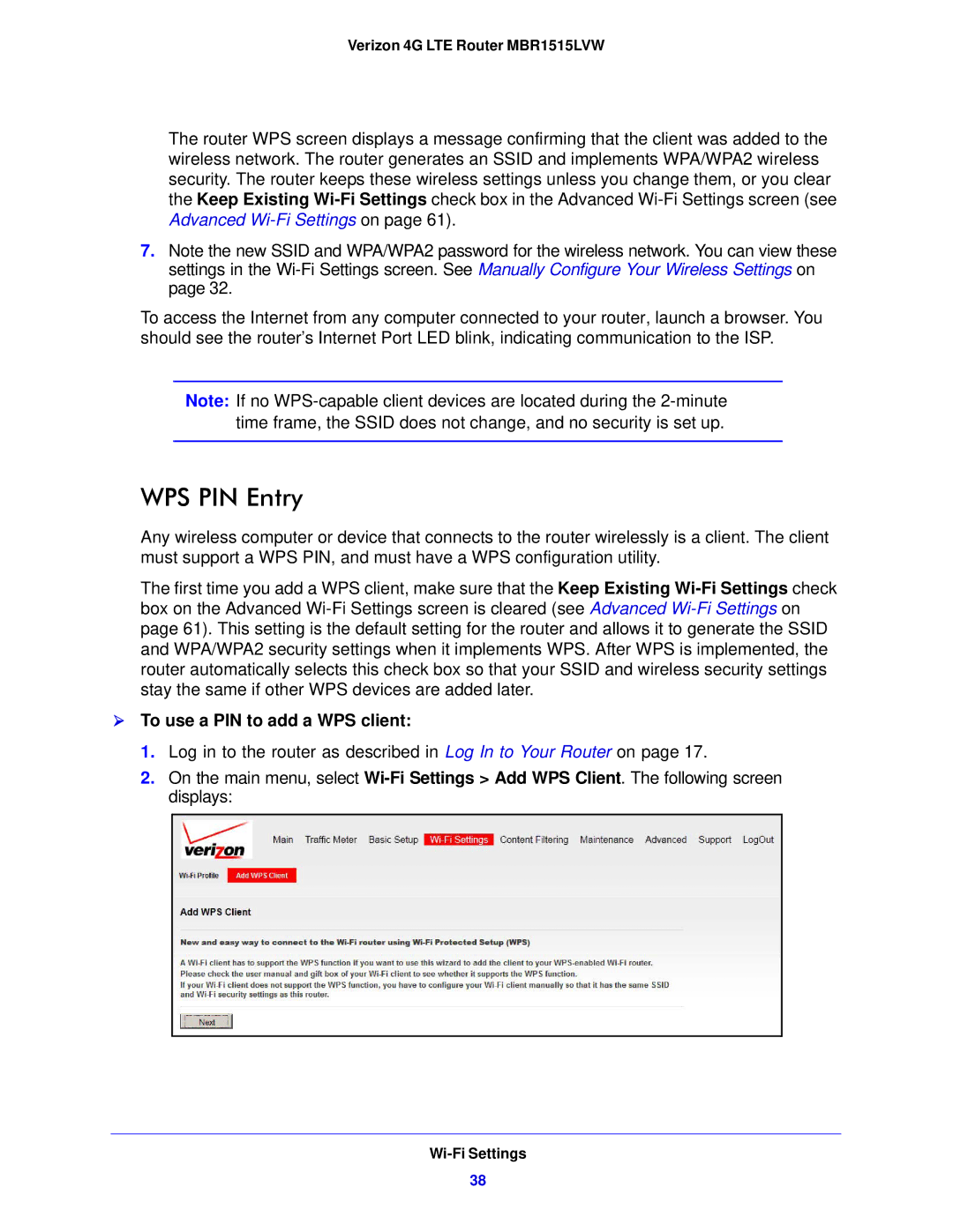 Verizon MBR1515L manual WPS PIN Entry,  To use a PIN to add a WPS client 