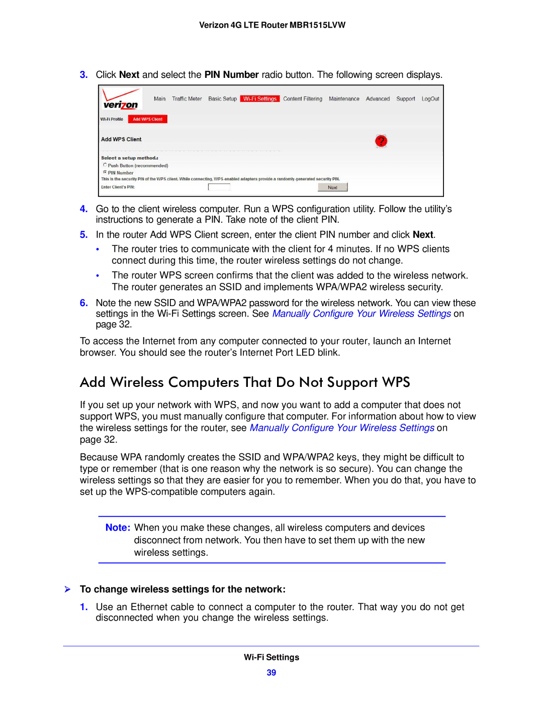 Verizon MBR1515L manual Add Wireless Computers That Do Not Support WPS,  To change wireless settings for the network 