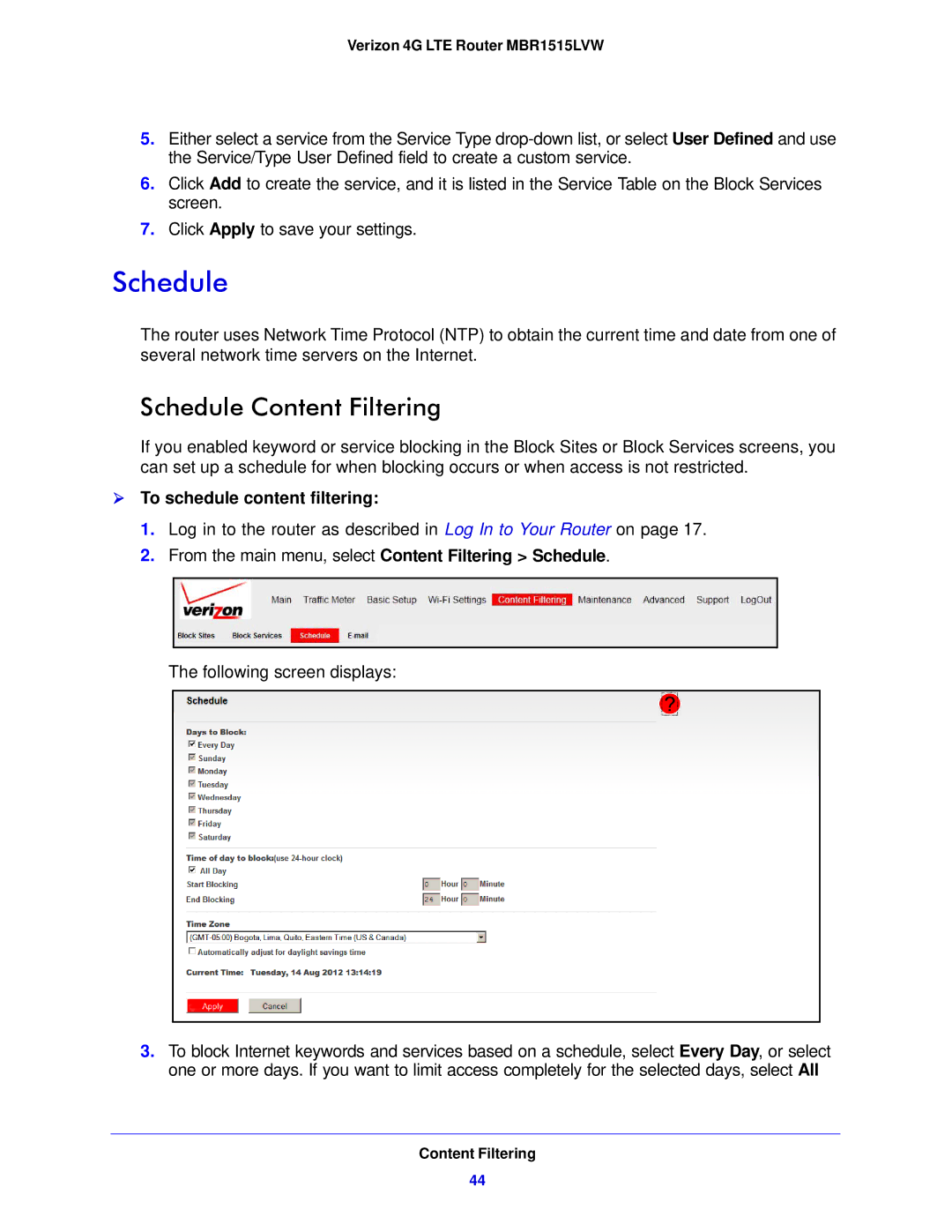 Verizon MBR1515L manual Schedule Content Filtering,  To schedule content filtering 