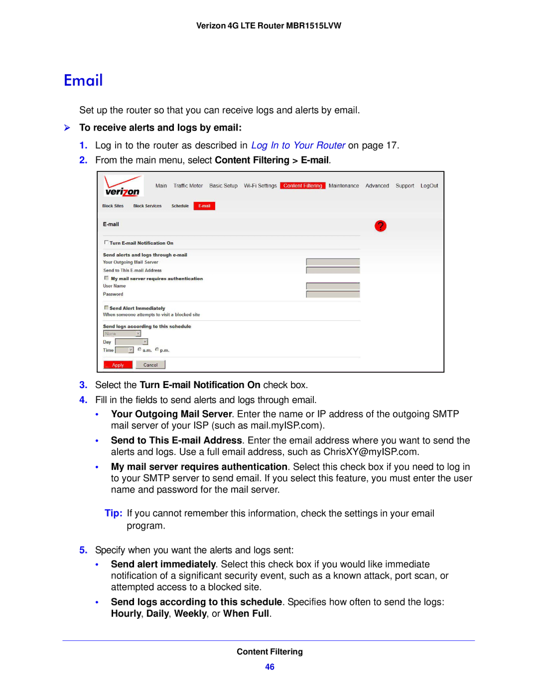 Verizon MBR1515L manual  To receive alerts and logs by email, Select the Turn E-mail Notification On check box 