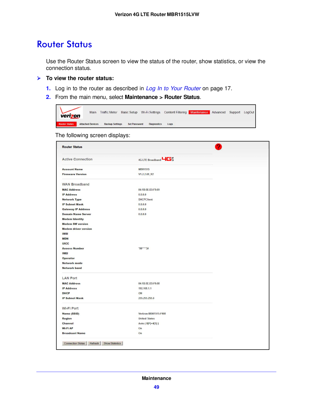 Verizon MBR1515L manual Router Status,  To view the router status 