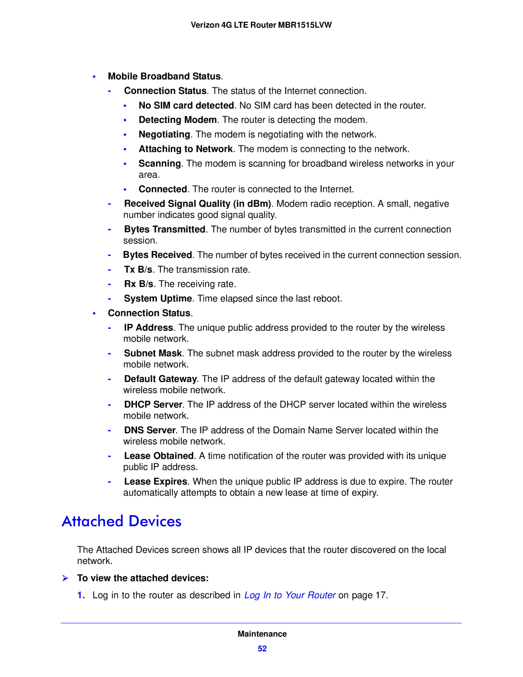 Verizon MBR1515L manual Attached Devices, Mobile Broadband Status, Connection Status,  To view the attached devices 