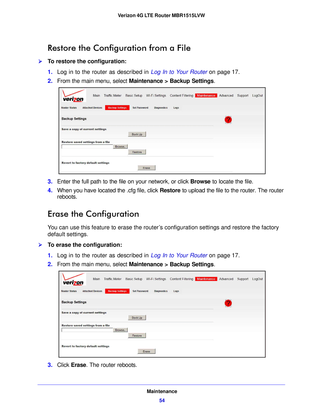 Verizon MBR1515L manual Restore the Configuration from a File, Erase the Configuration,  To restore the configuration 