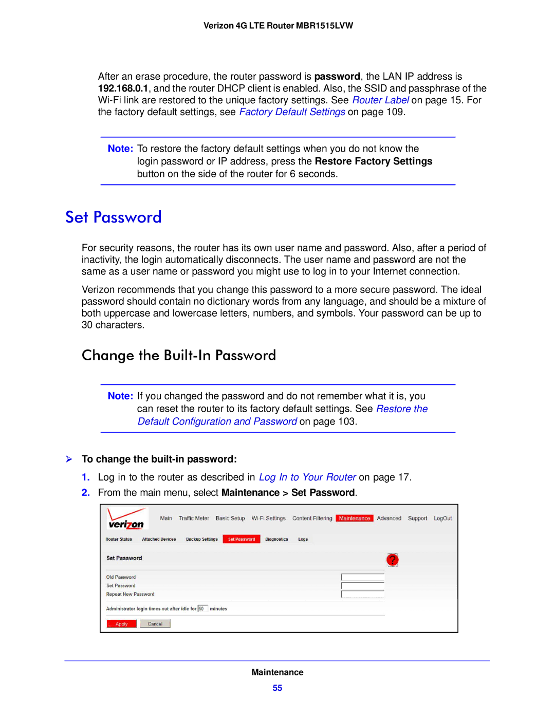 Verizon MBR1515L manual Set Password, Change the Built-In Password,  To change the built-in password 