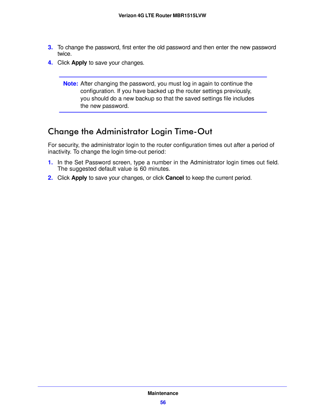 Verizon MBR1515L manual Change the Administrator Login Time-Out 