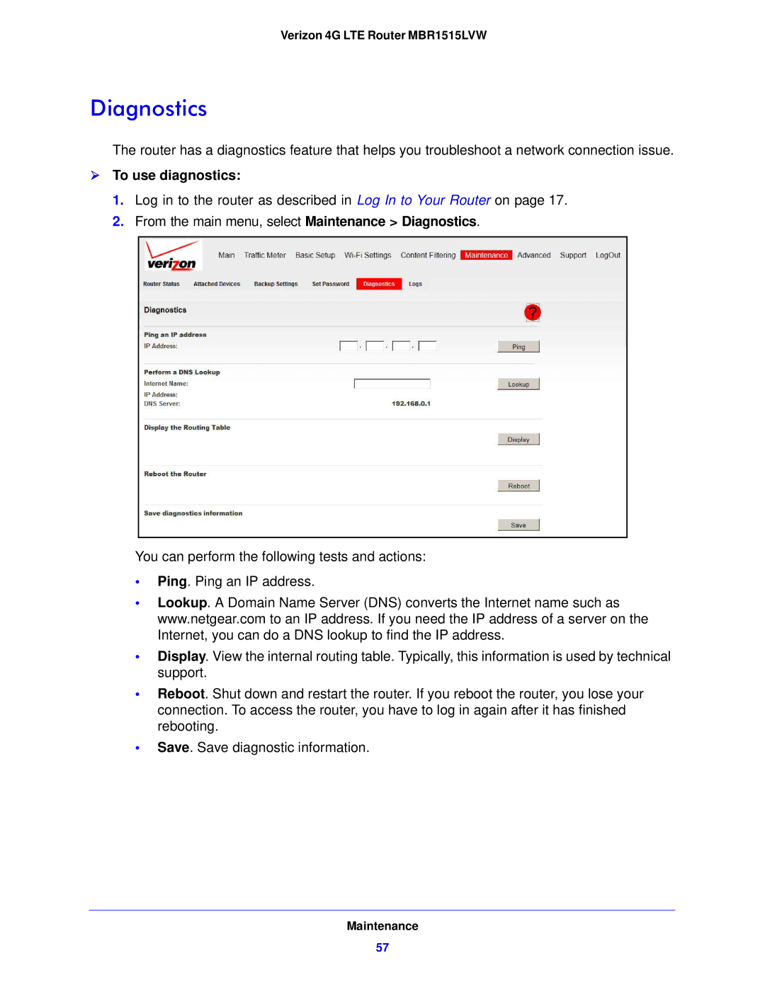 Verizon MBR1515L manual Diagnostics,  To use diagnostics 