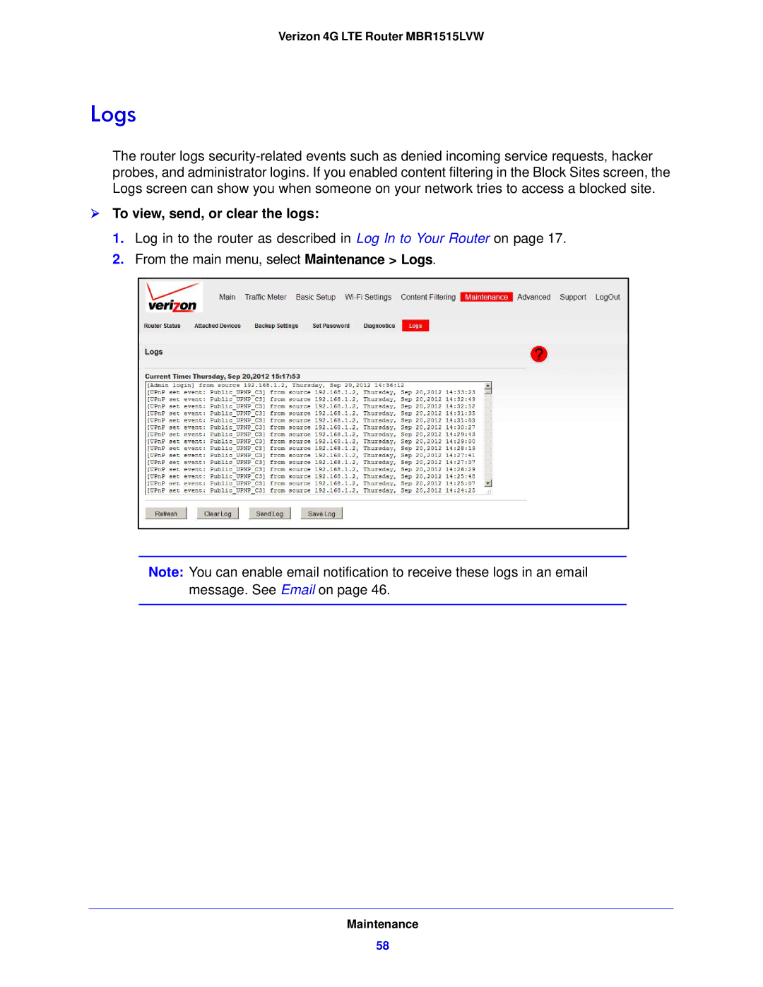 Verizon MBR1515L manual Logs,  To view, send, or clear the logs 