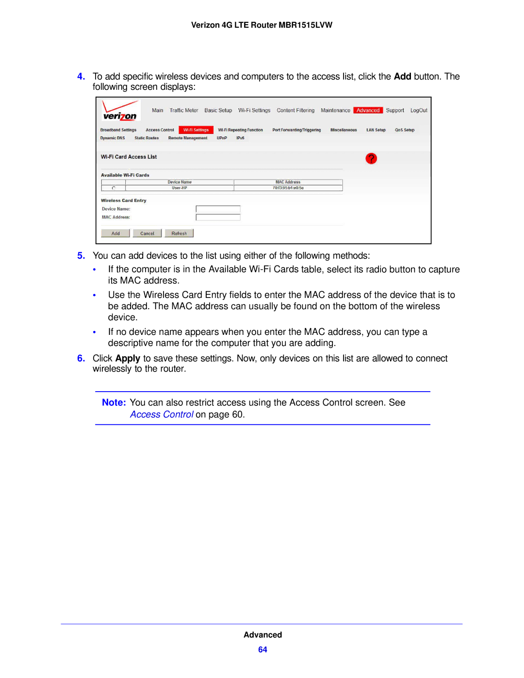 Verizon MBR1515L manual Access Control on 