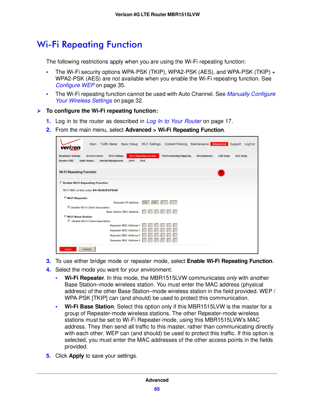 Verizon MBR1515L manual Wi-Fi Repeating Function,  To configure the Wi-Fi repeating function 