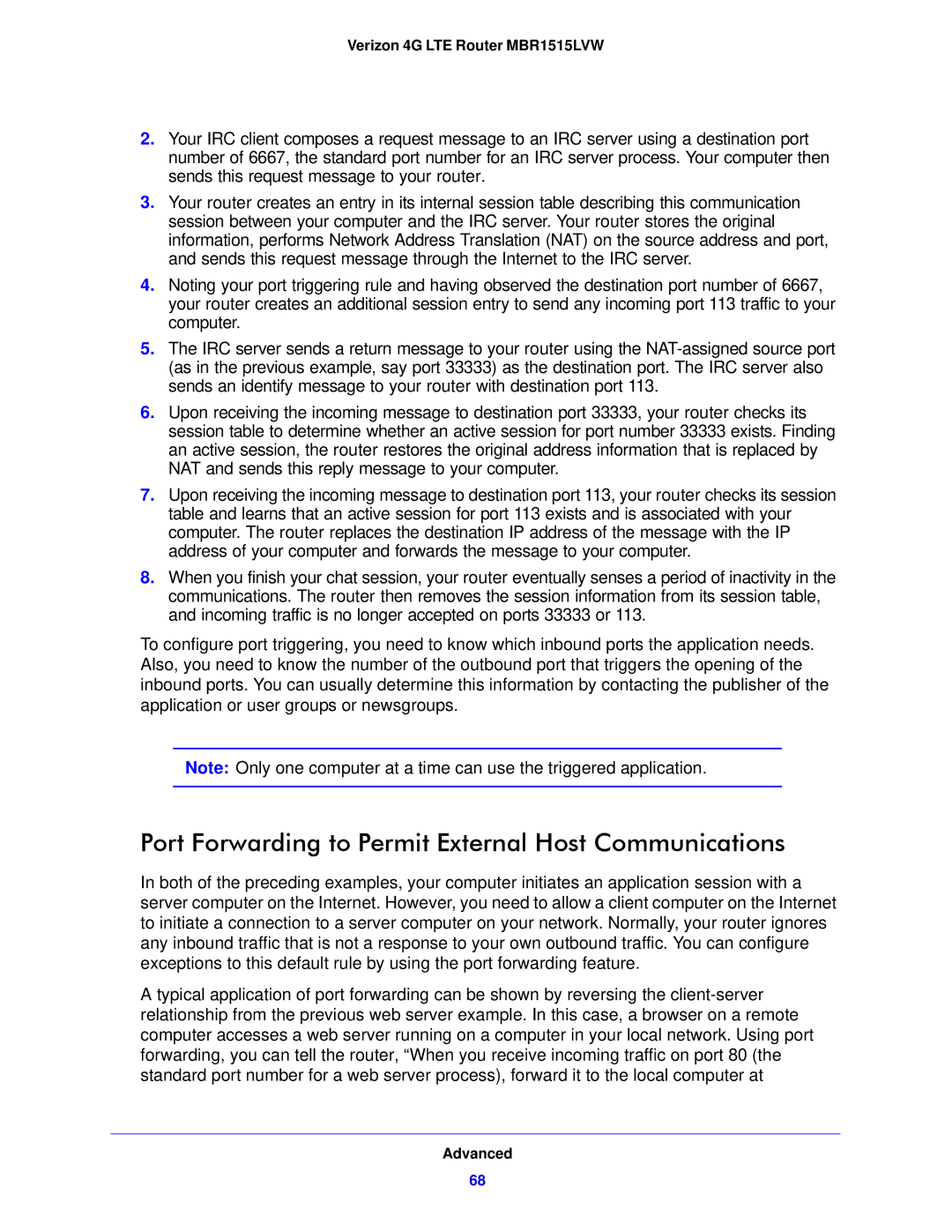 Verizon MBR1515L manual Port Forwarding to Permit External Host Communications 