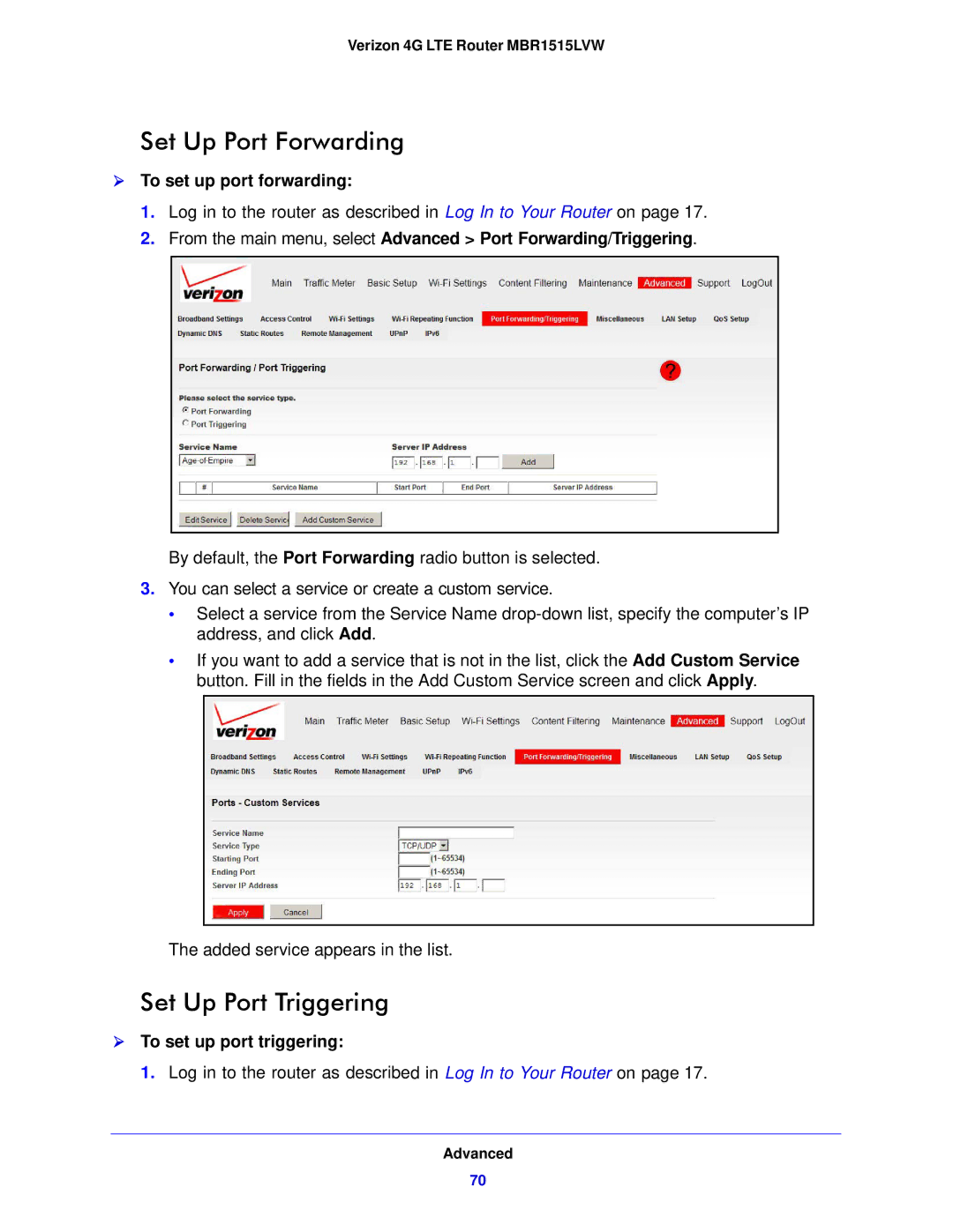 Verizon MBR1515L Set Up Port Forwarding, Set Up Port Triggering,  To set up port forwarding,  To set up port triggering 