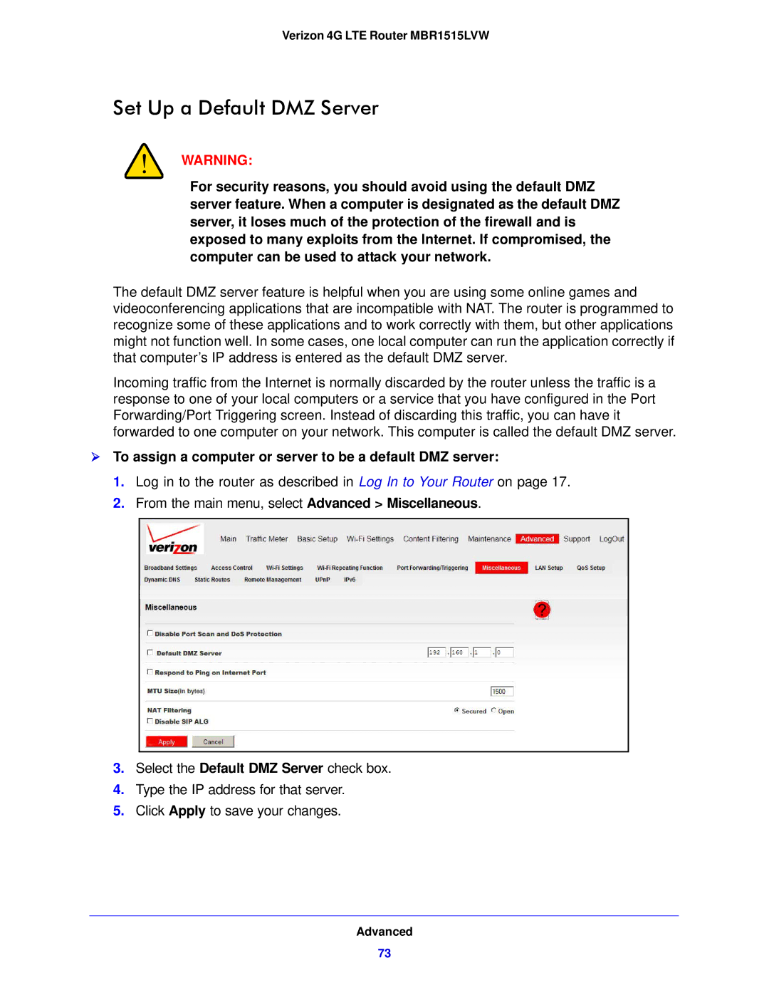 Verizon MBR1515L manual Set Up a Default DMZ Server,  To assign a computer or server to be a default DMZ server 