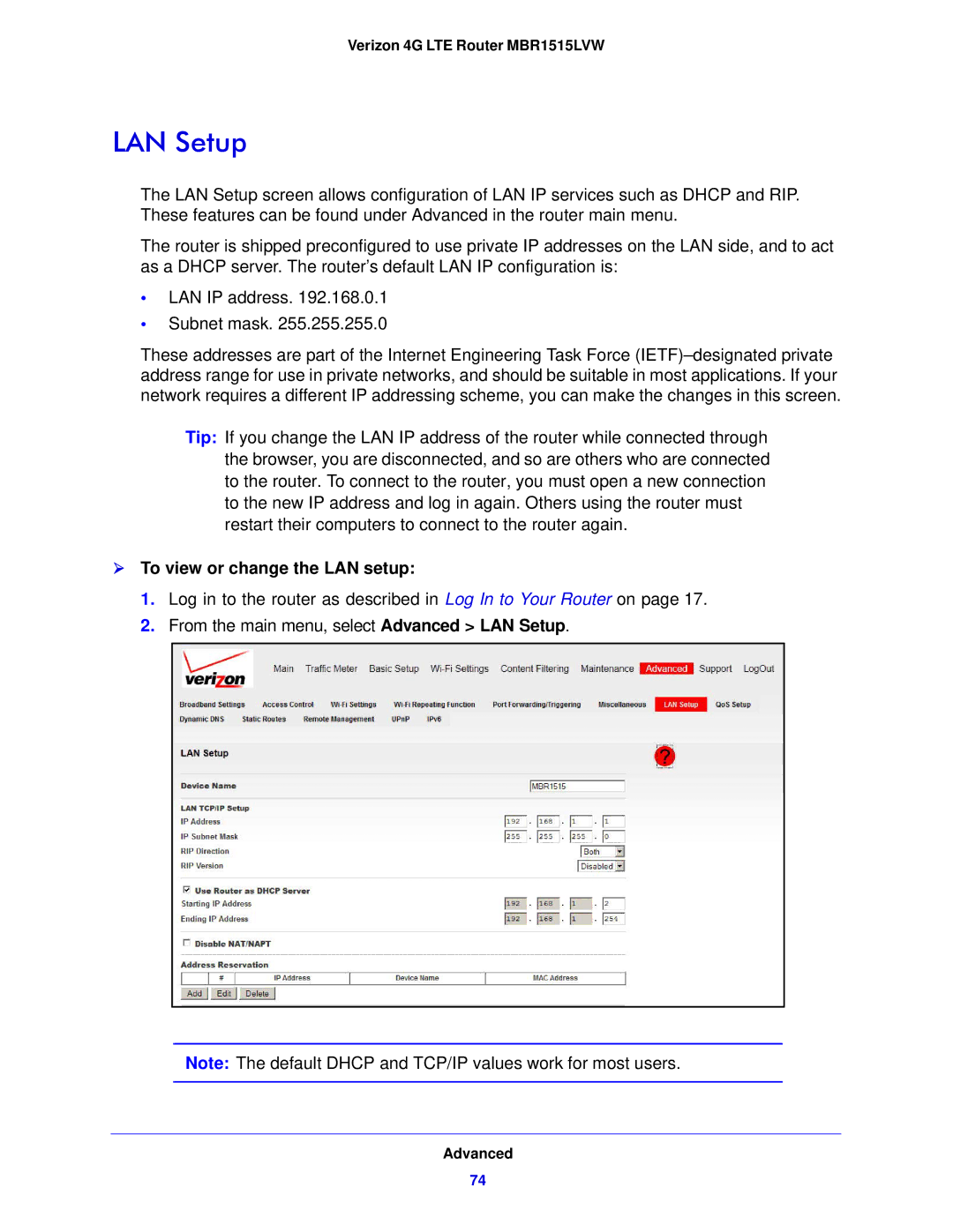 Verizon MBR1515L manual LAN Setup,  To view or change the LAN setup 