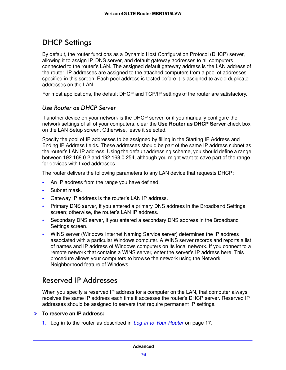 Verizon MBR1515L manual Dhcp Settings, Reserved IP Addresses,  To reserve an IP address 