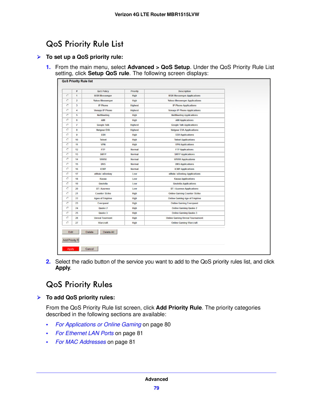 Verizon MBR1515L QoS Priority Rule List, QoS Priority Rules,  To set up a QoS priority rule,  To add QoS priority rules 