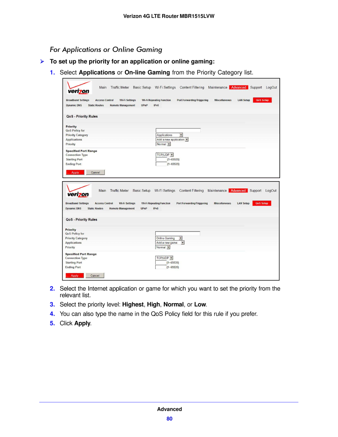 Verizon MBR1515L manual For Applications or Online Gaming 