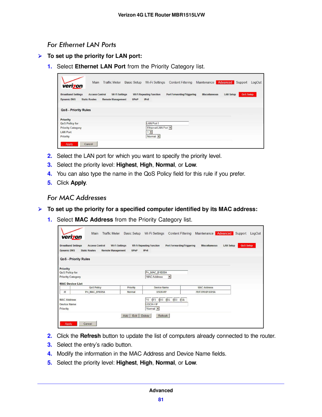 Verizon MBR1515L manual For Ethernet LAN Ports,  To set up the priority for LAN port 