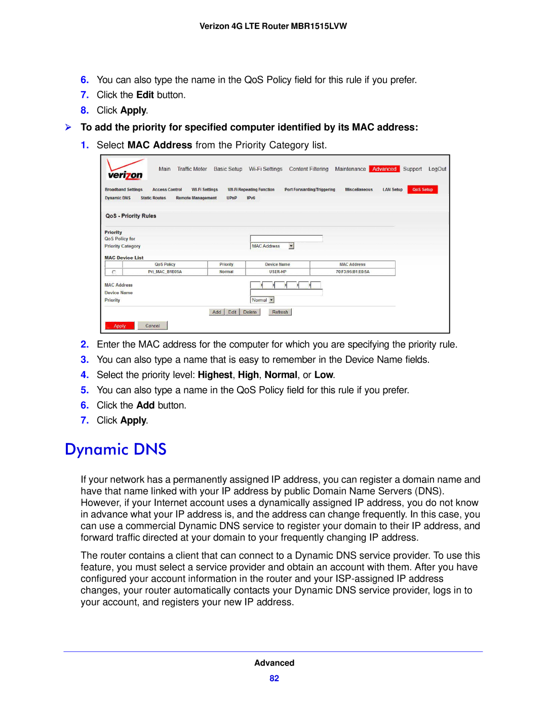 Verizon MBR1515L manual Dynamic DNS 