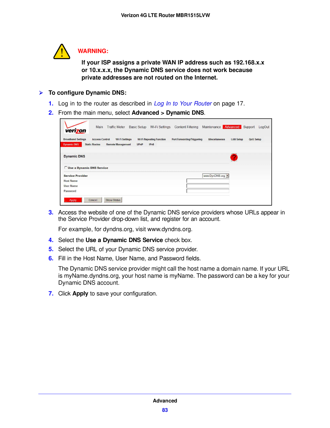 Verizon MBR1515L manual Select the Use a Dynamic DNS Service check box 