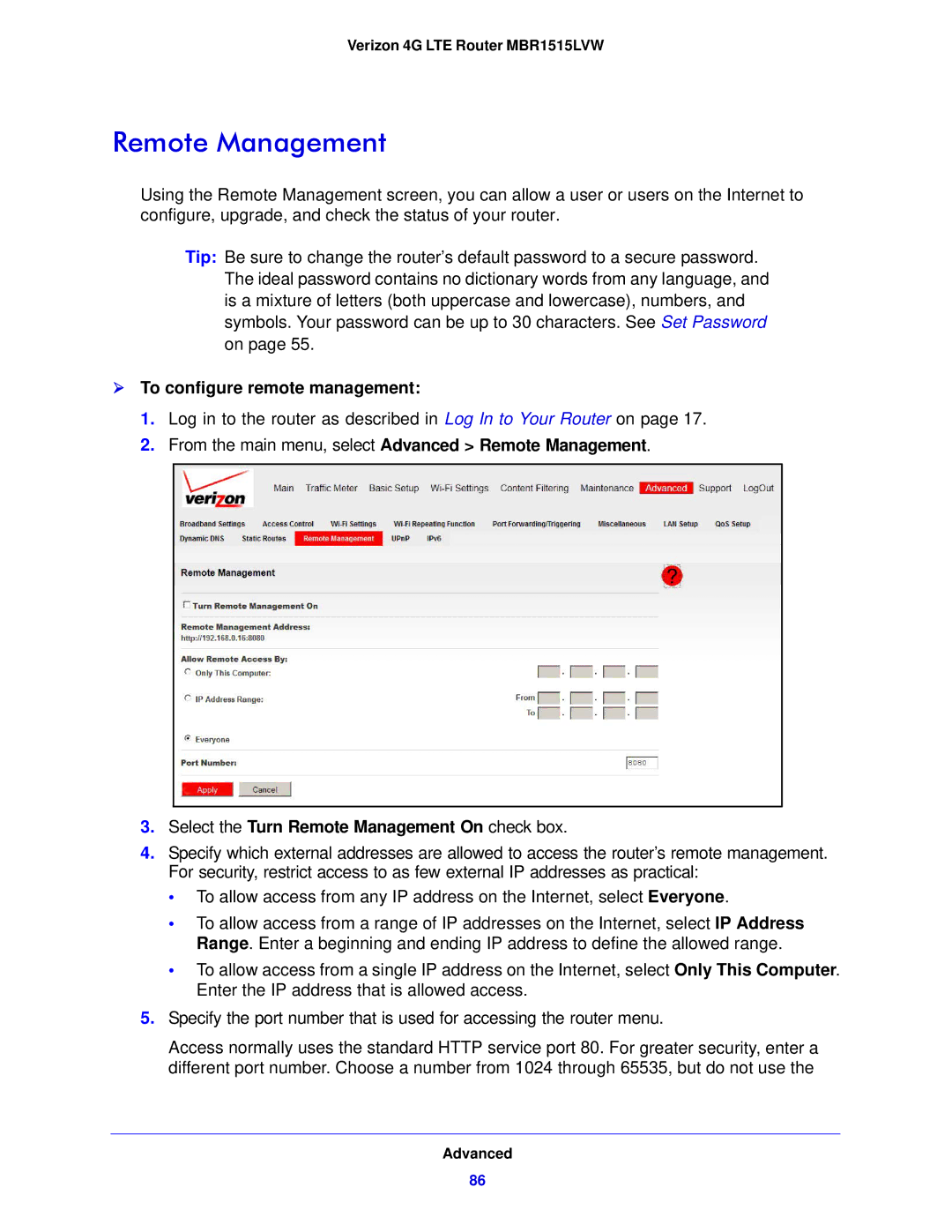 Verizon MBR1515L manual  To configure remote management, Select the Turn Remote Management On check box 