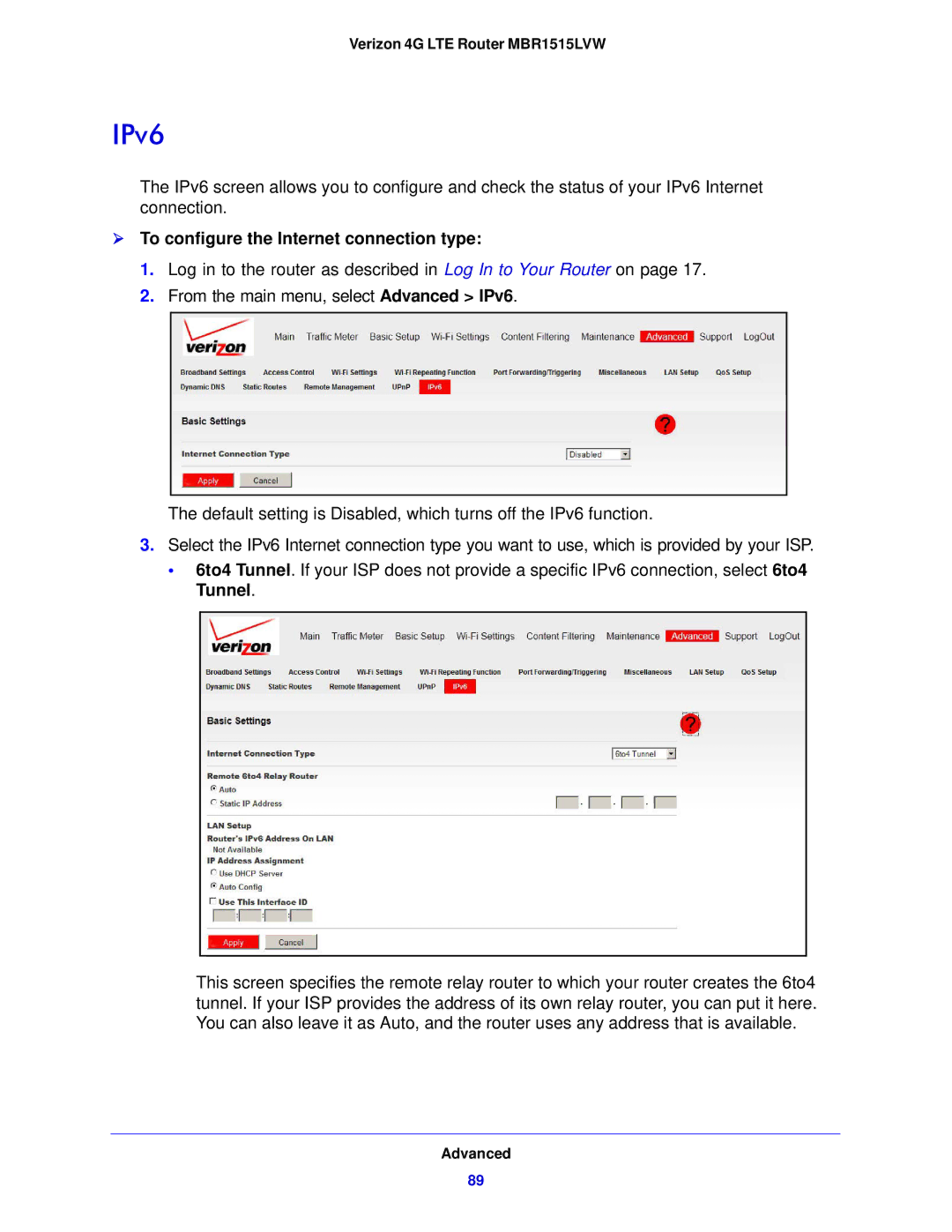 Verizon MBR1515L manual IPv6,  To configure the Internet connection type 