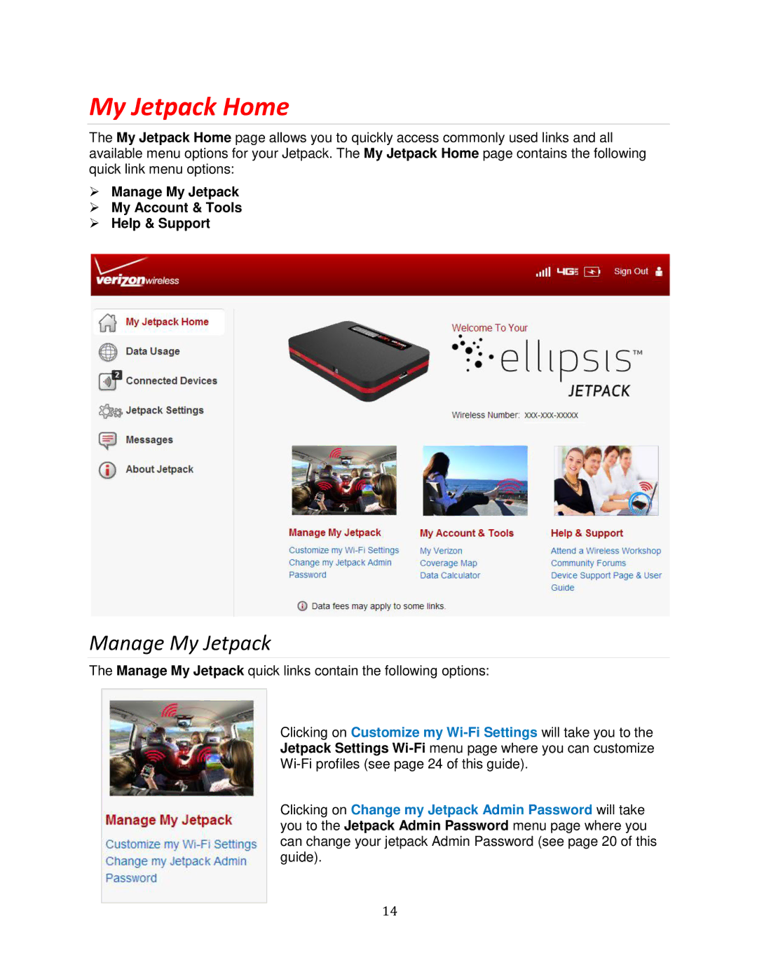 Verizon MHS700L manual My Jetpack Home,  Manage My Jetpack  My Account & Tools  Help & Support 