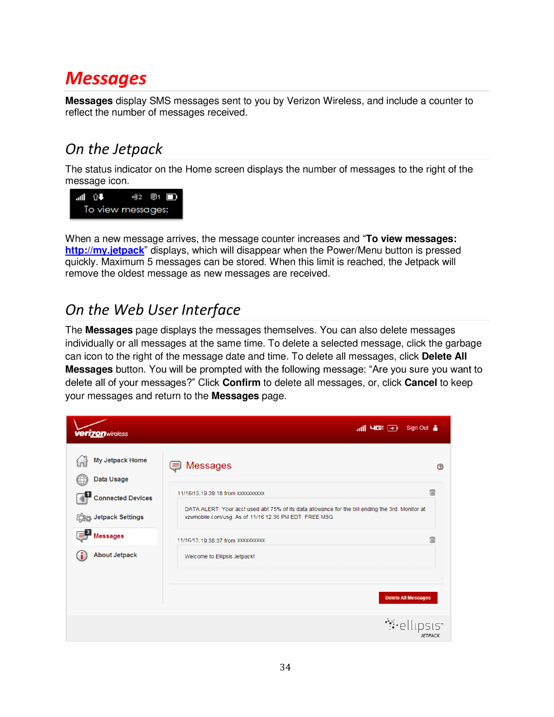 Verizon MHS700L manual Messages, On the Jetpack, On the Web User Interface 