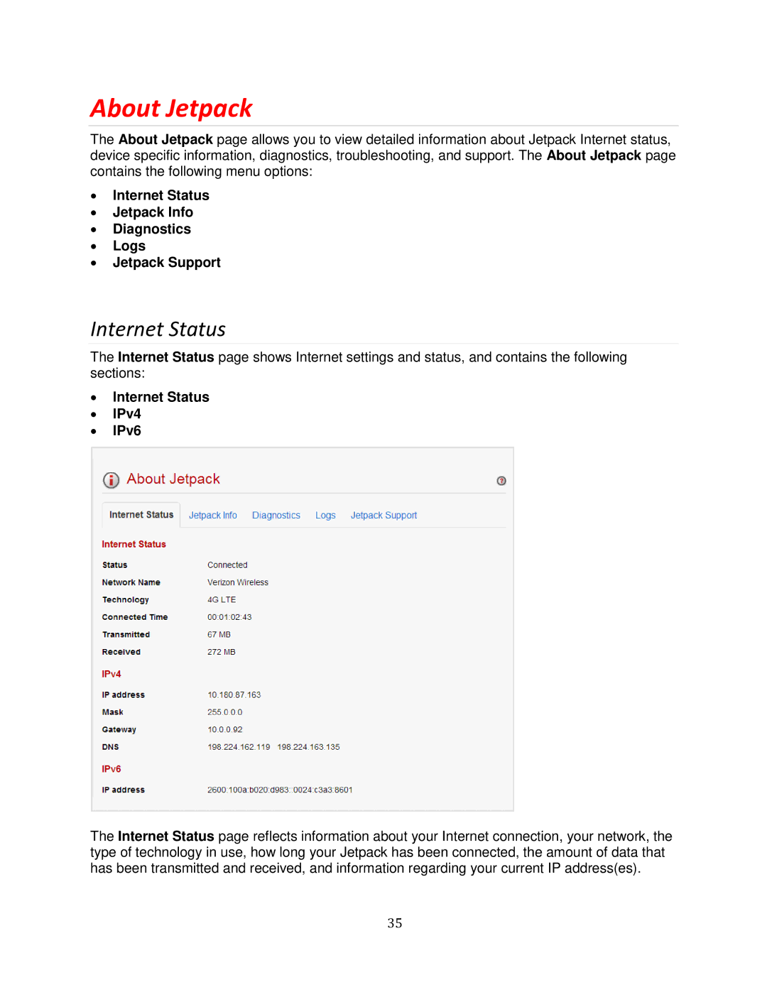 Verizon MHS700L manual About Jetpack, ∙ Internet Status ∙ IPv4 ∙ IPv6 