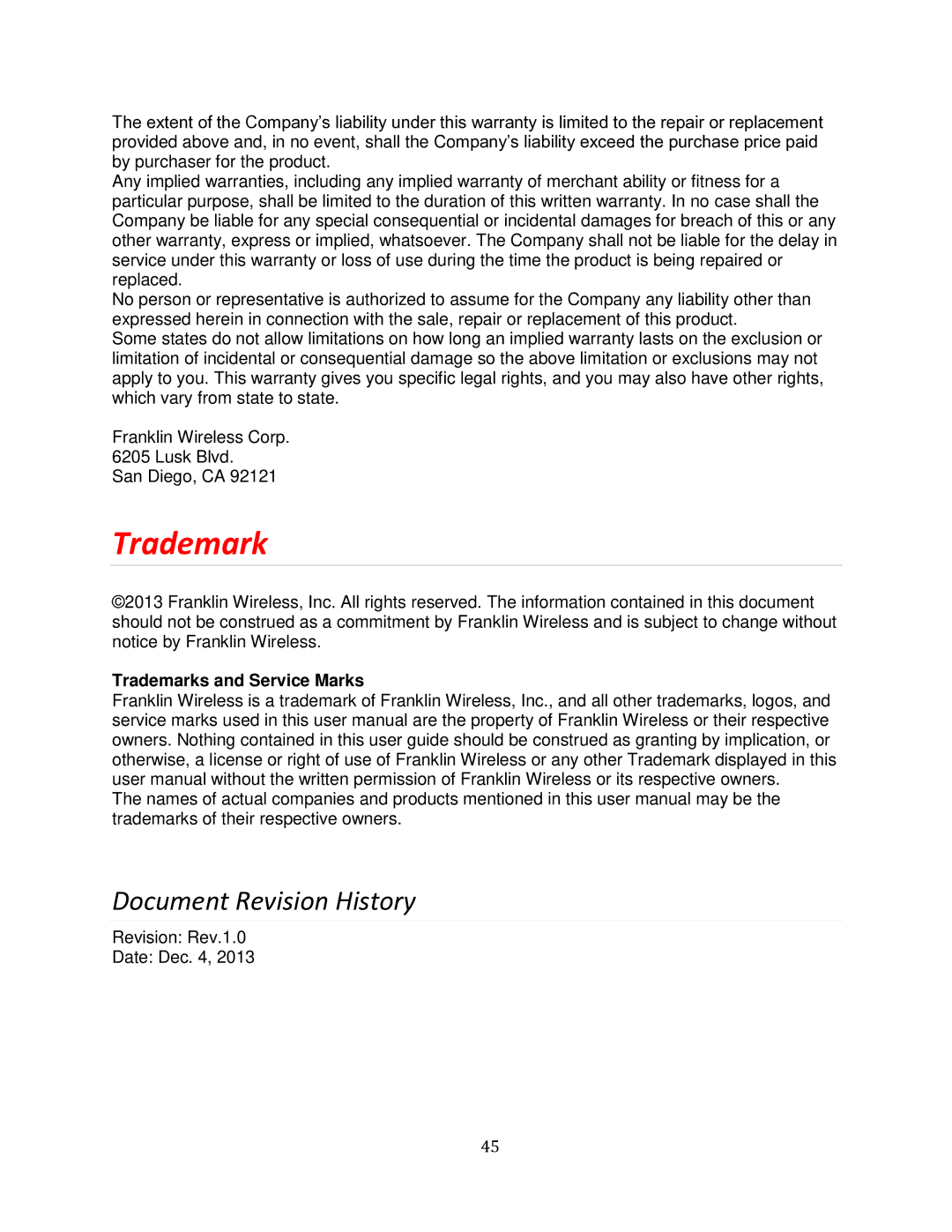 Verizon MHS700L manual Document Revision History, Trademarks and Service Marks 