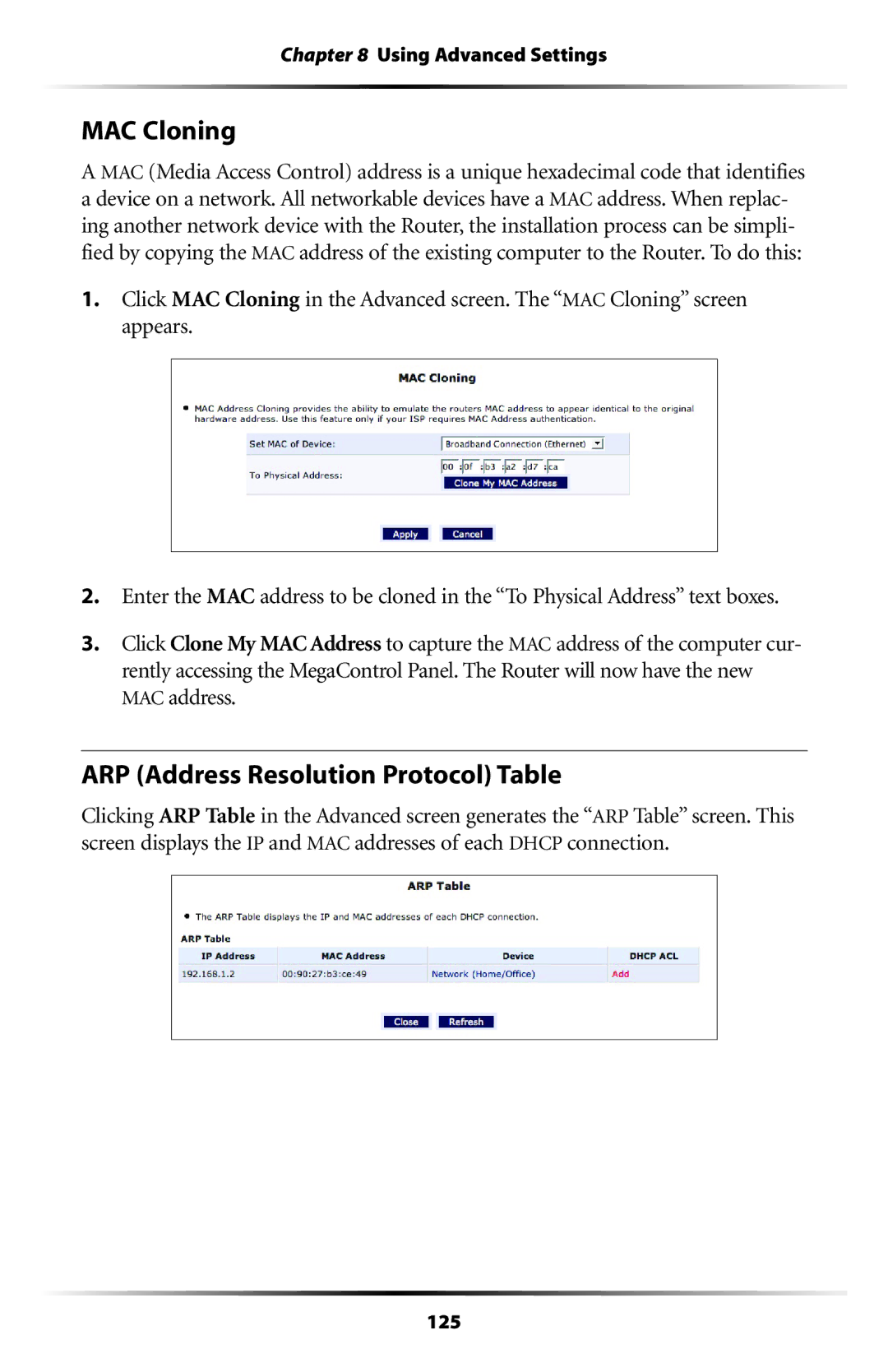 Verizon MI424WR user manual MAC Cloning, ARP Address Resolution Protocol Table 