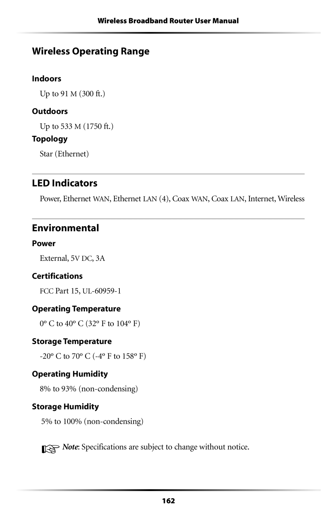 Verizon MI424WR user manual Wireless Operating Range, LED Indicators, Environmental 