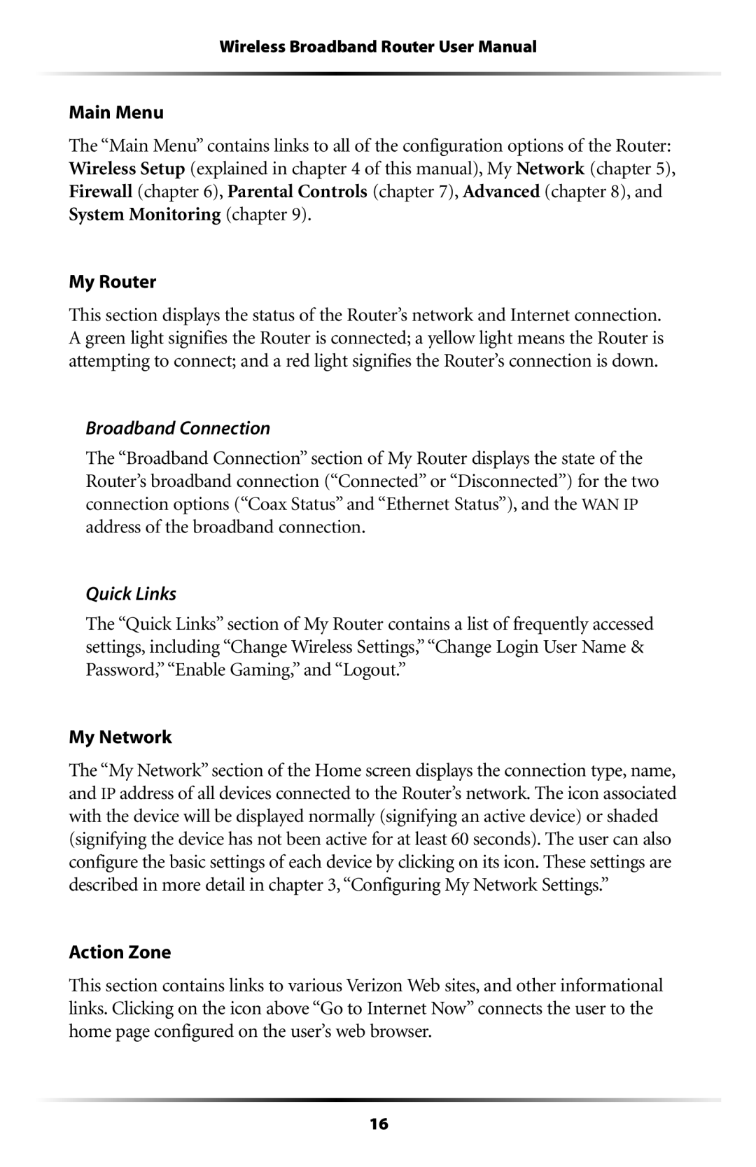 Verizon MI424WR user manual Broadband Connection, Quick Links, Action Zone 