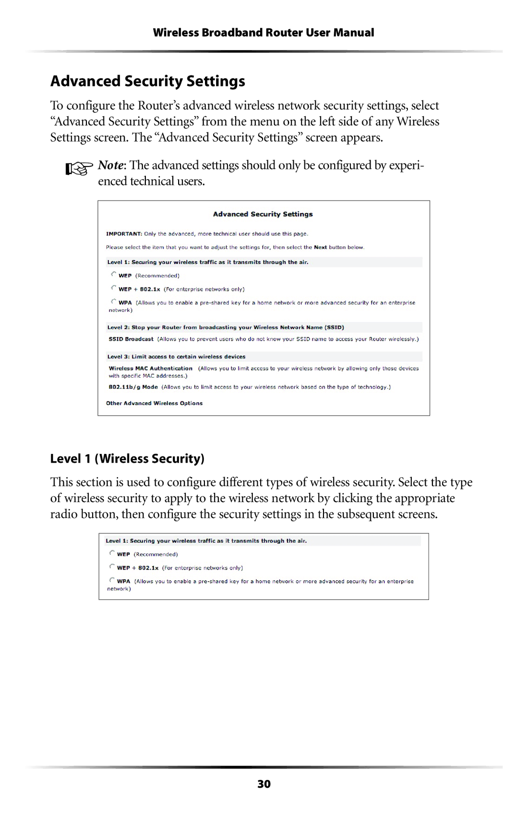 Verizon MI424WR user manual Advanced Security Settings, Level 1 Wireless Security 