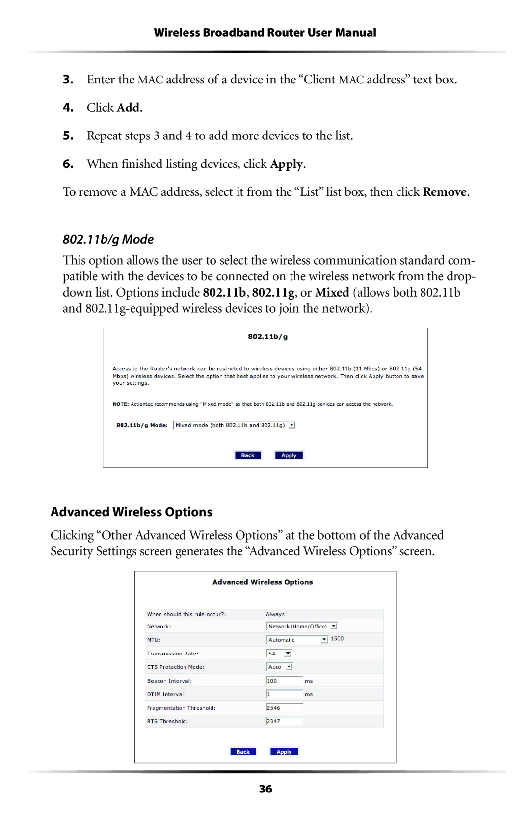 Verizon MI424WR user manual 802.11b/g Mode, Advanced Wireless Options 