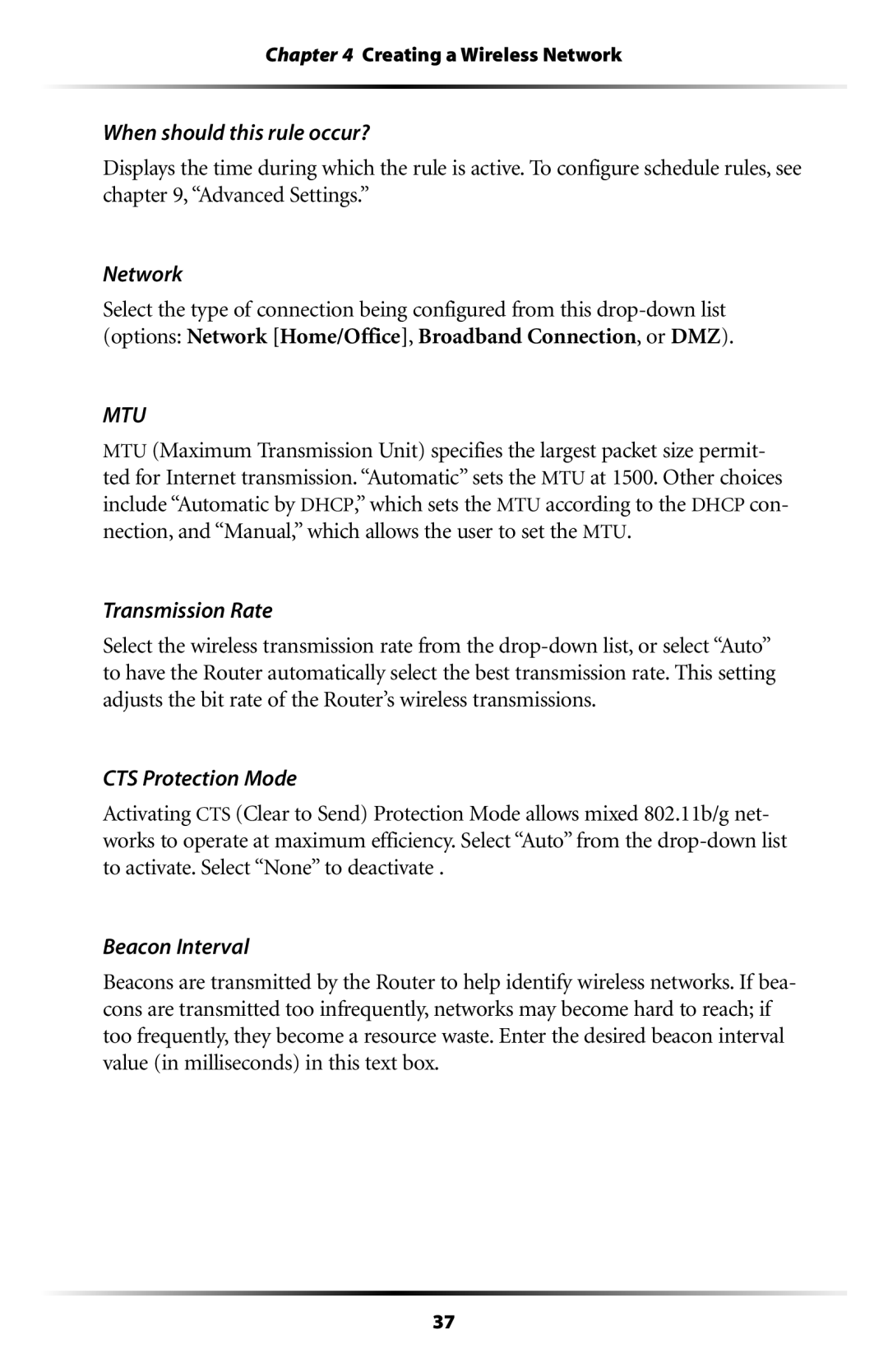 Verizon MI424WR user manual When should this rule occur?, Network, Transmission Rate, CTS Protection Mode, Beacon Interval 