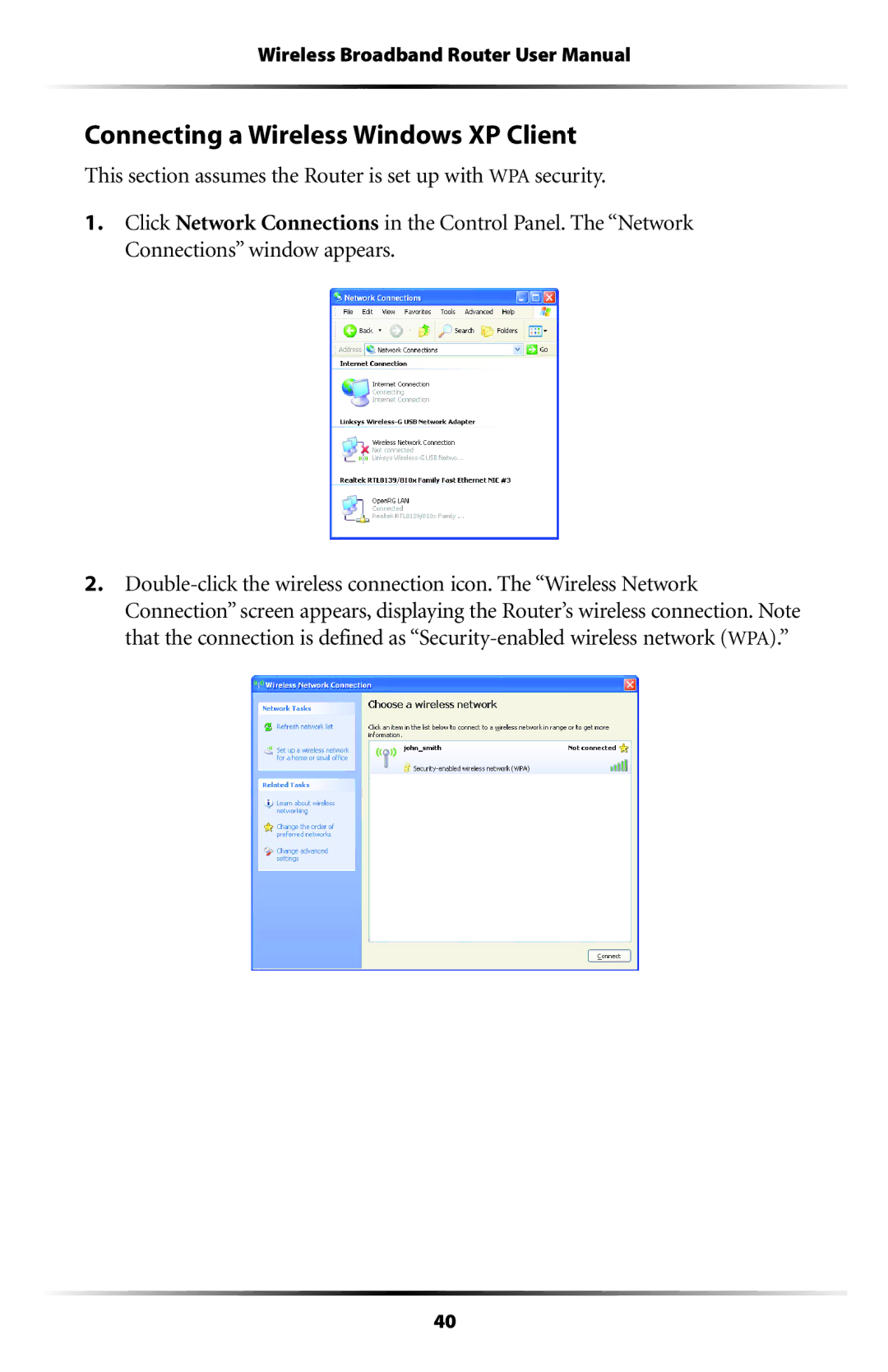 Verizon MI424WR user manual Connecting a Wireless Windows XP Client 