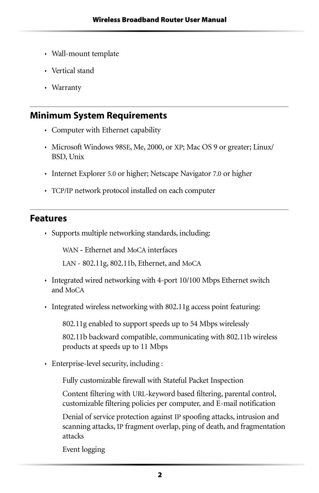 Verizon MI424WR user manual Minimum System Requirements, Features, Wall-mount template Vertical stand Warranty 