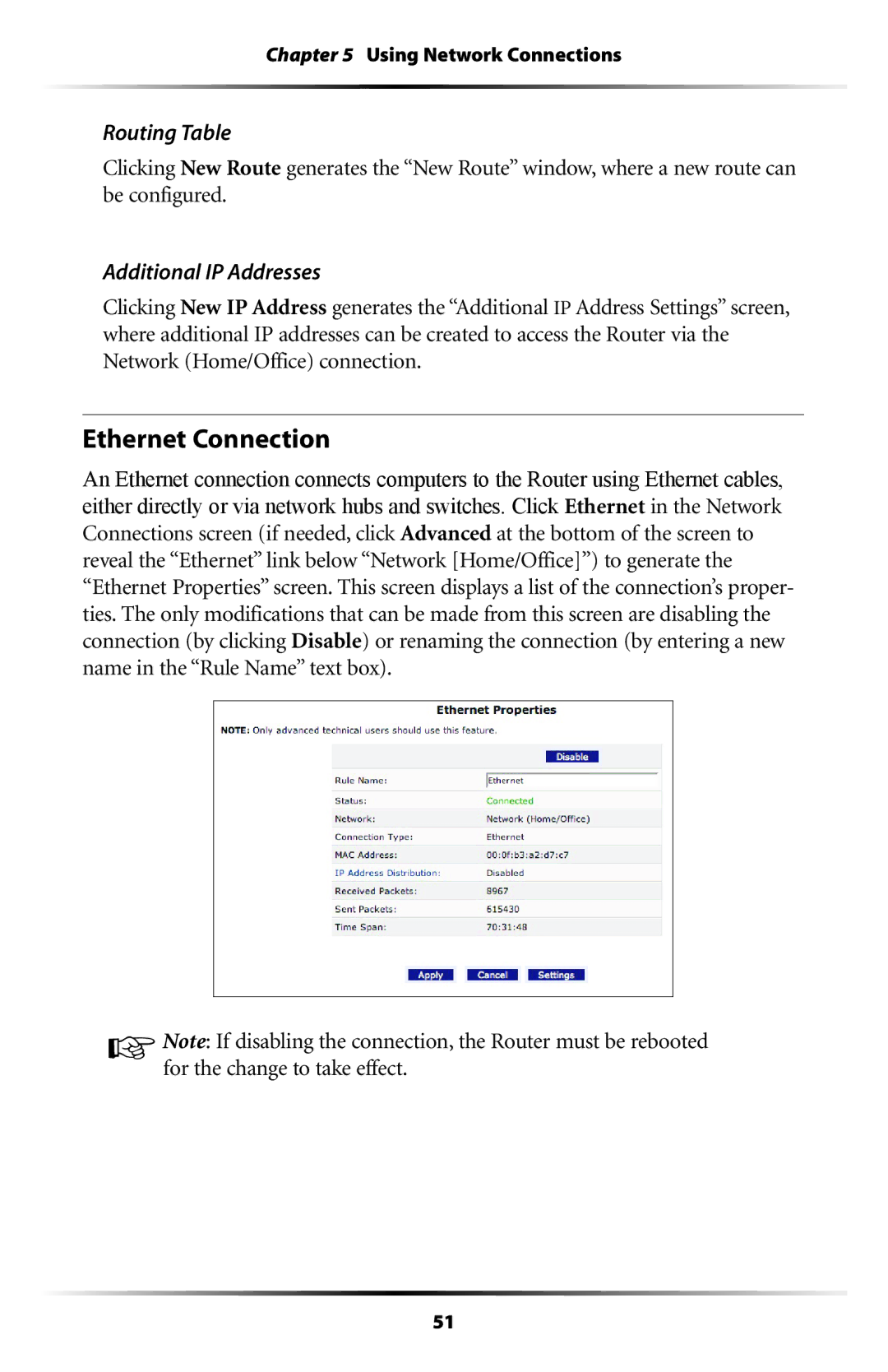 Verizon MI424WR user manual Ethernet Connection, Routing Table, Additional IP Addresses 