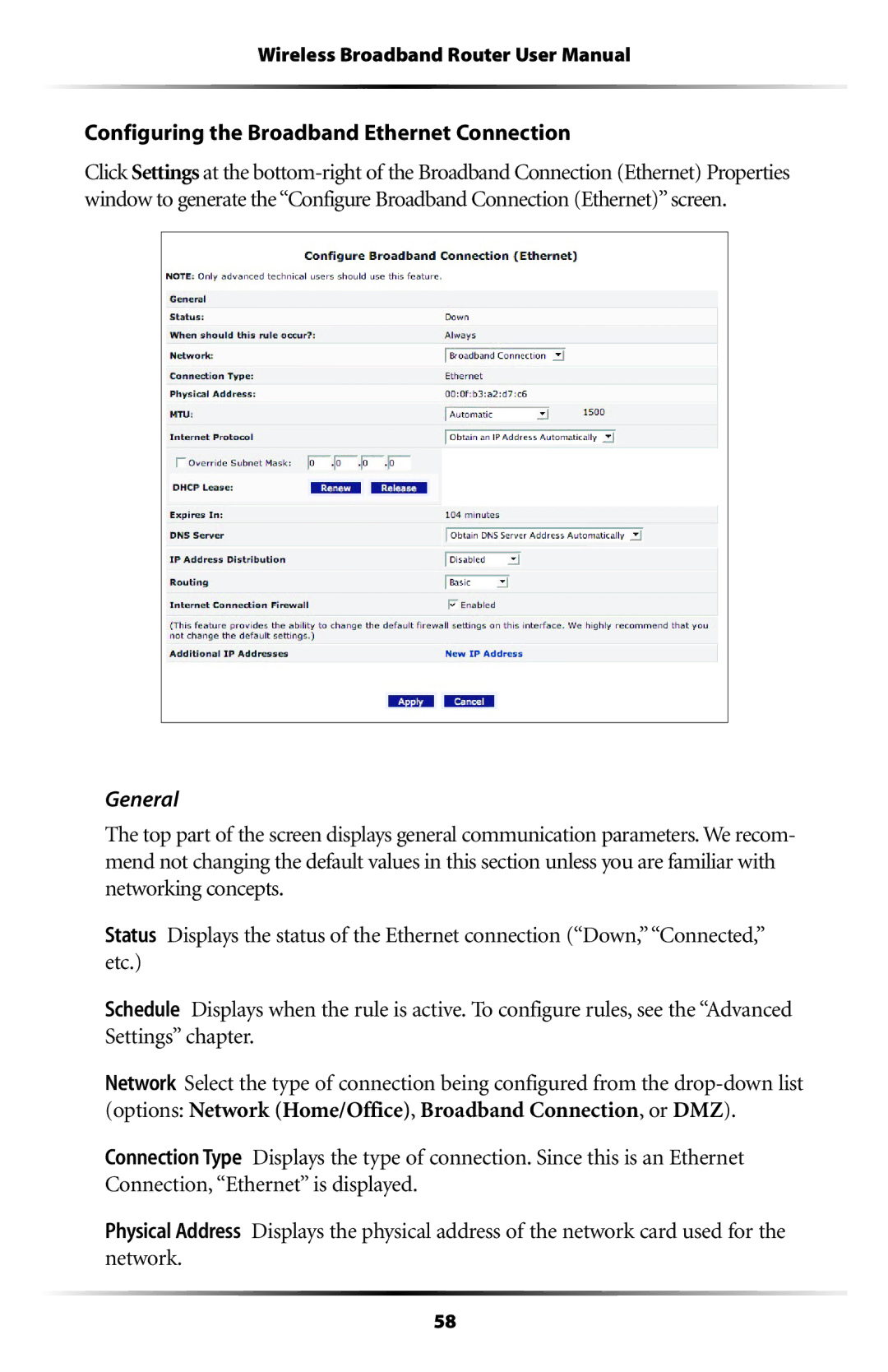 Verizon MI424WR user manual Configuring the Broadband Ethernet Connection, General 