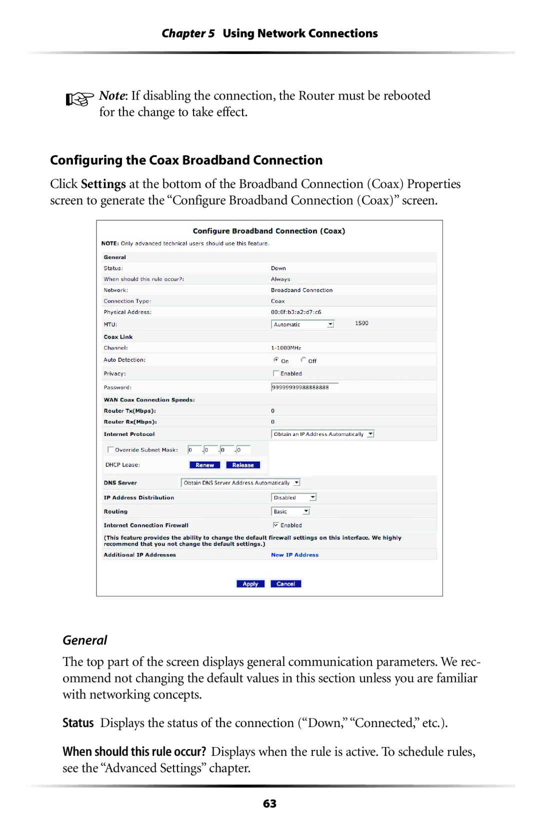 Verizon MI424WR user manual Configuring the Coax Broadband Connection, General 