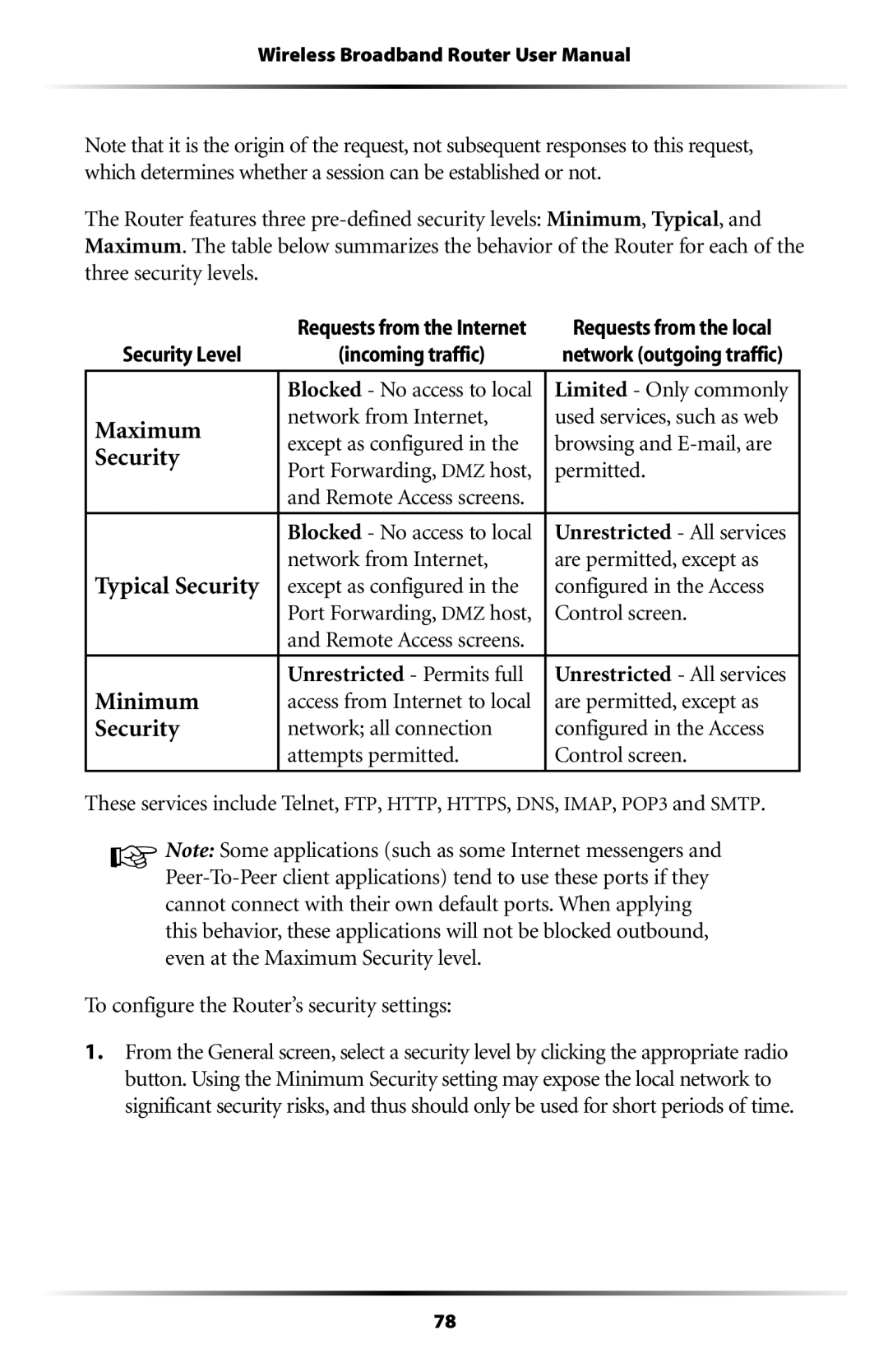 Verizon MI424WR Security Level Incoming traffic Network outgoing traffic, Limited Only commonly, Network from Internet 