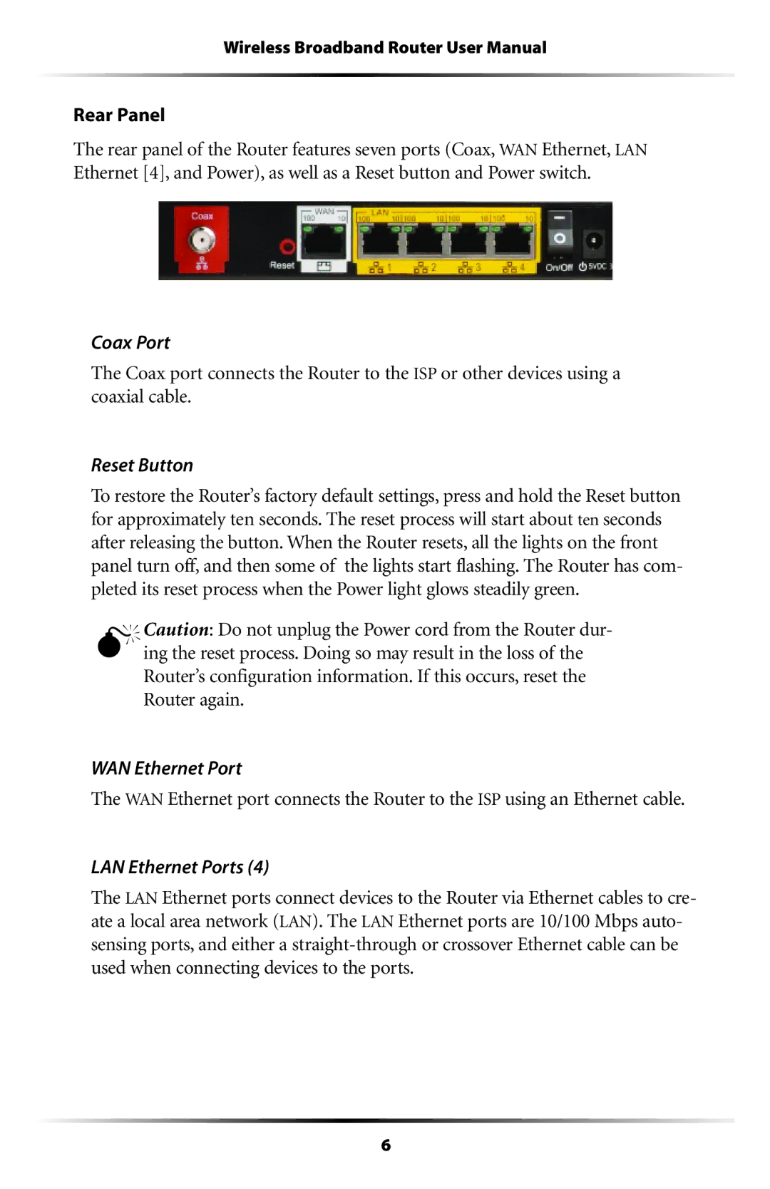 Verizon MI424WR user manual Rear Panel, Coax Port, Reset Button, WAN Ethernet Port, LAN Ethernet Ports 