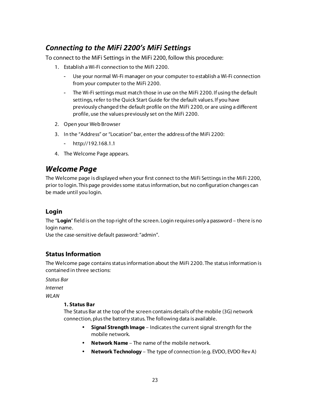 Verizon MiFi 2200 manual Connecting to the MiFi 2200’s MiFi Settings , Welcome, Login, Status Information, Status Bar 