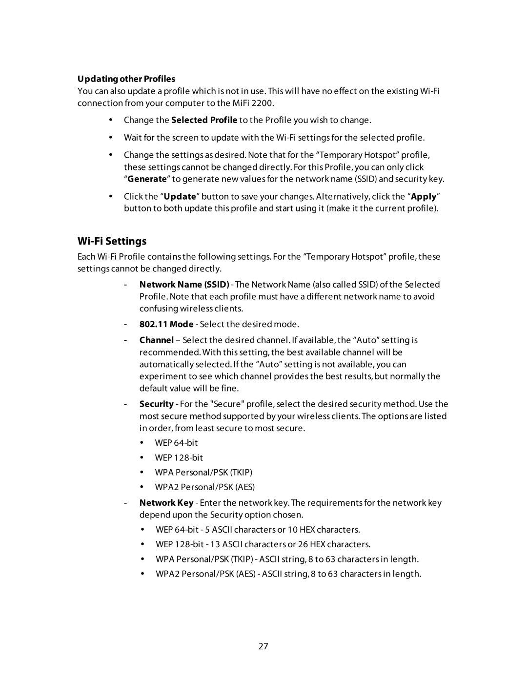 Verizon MiFi 2200 manual Wi-Fi Settings, Updating other Profiles 