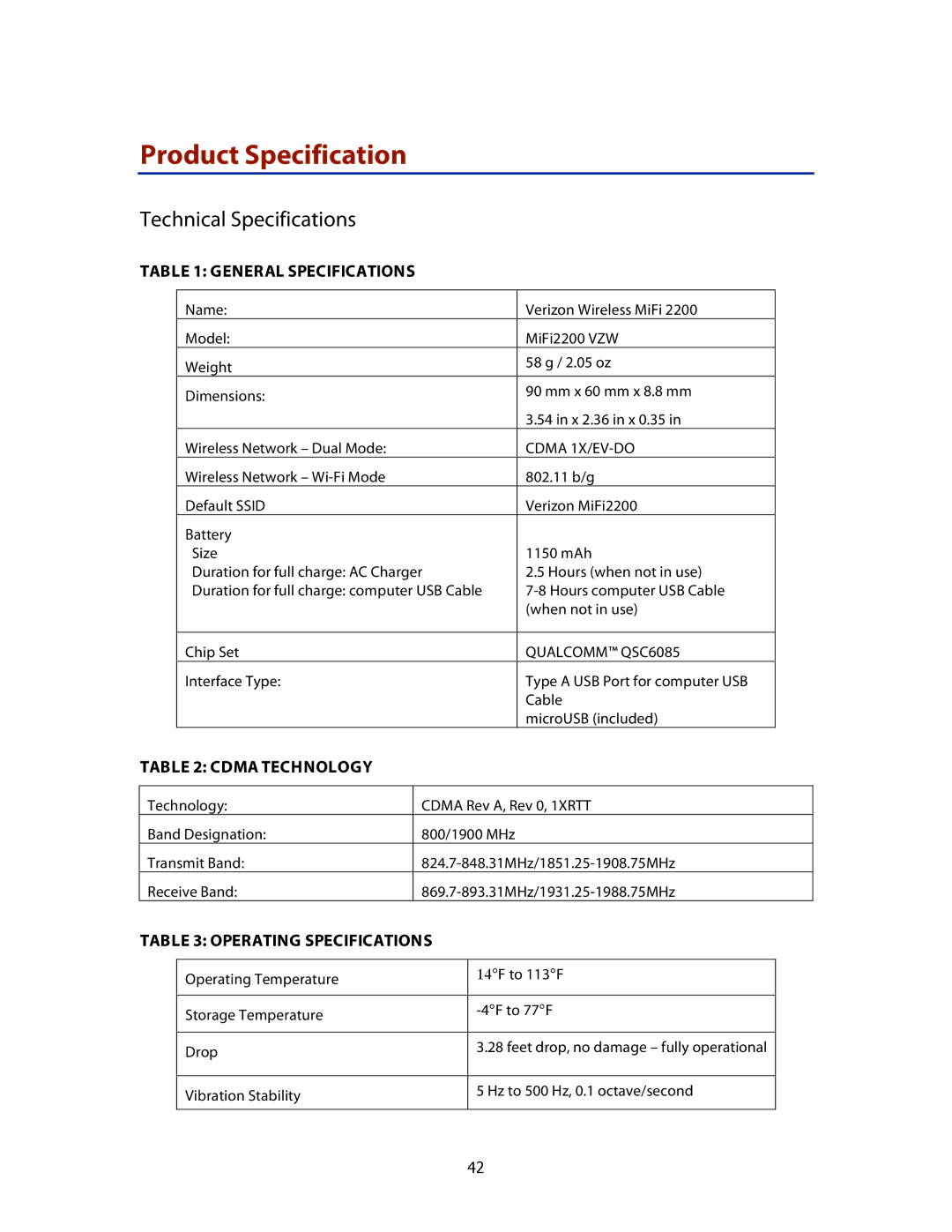 Verizon MiFi 2200 manual Product Specification, Technical Specifications 